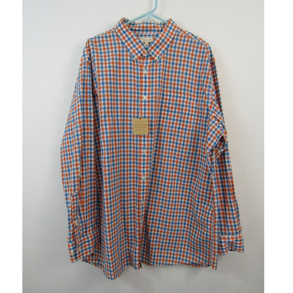 NWT Sonoma XXL Men's Button Down Orange Blue Plaid Dress Shirt Work Shirt
